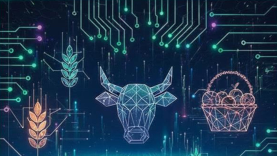 Elementos del sector agrario con formato futurista entre los que destacan espigas de trigo, una vaca y una cesta con alimentos, con un fondo cibernético.