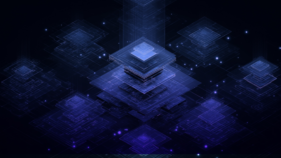 Ilustración digital abstracta de capas tecnológicas interconectadas en tonos azules y violetas, que representan una red jerárquica de almacenamiento y flujo de información en un ecosistema de datos. 